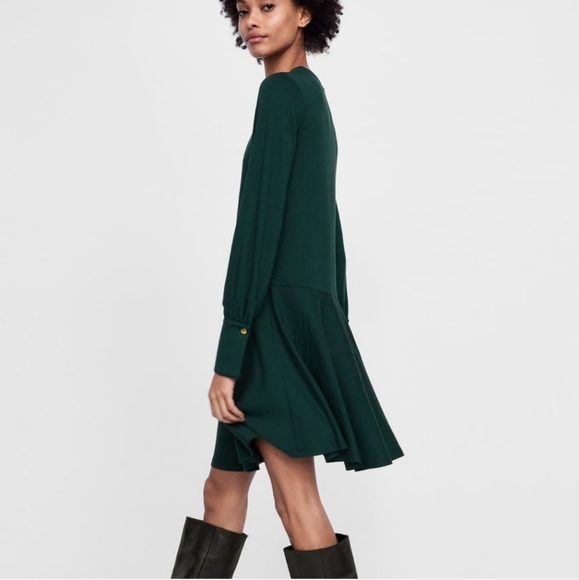 ZARA Ruffled Hem Bottle Green Dress Size L - Picture 7 of 7